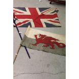 Two Vintage Flags on poles - Union Jack and Welsh Dragon