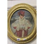 19th century School Oval Gilt Framed Oil Painting Portrait of Lady in Bonnet with Muff