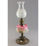 Victorian Oil Lamp with floral pattern coloured glass well