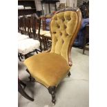 Victorian Walnut Button Back Chair upholstered in green velvet