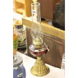 Victorian Brass Oil Lamp with Etched Red Glass Well