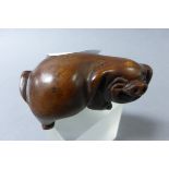 Signed Wood Netsuke of a Laughing Pig