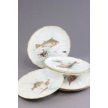 Set of Six Royal Crown Derby Cabinet Plates, hand painted with fish, crabs and lobsters