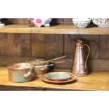 Two Antique Copper Saucepans with Lids and Iron Handles, Copper Jug, Small Pan and Plate