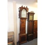 19th century Mahogany Inlaid Longcase Clock, the painted face decorated with exotic birds and B