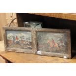 Pair of Antique Oil and Embossed Leather Framed Hunting Pictures