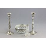 Glass Bud Vase with Silver Rim, Pair Silver Plated Candlesticks and Crackle Glass Bowl with White