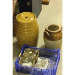 Glass Feeders and Stoppers plus Stoneware Barrell and Pot