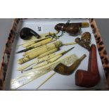 Collection of Ivory & Bone Handled Items including Manicure, Compass, Button Hooks, Cheroot together