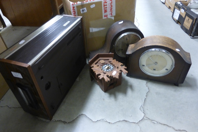 Two Oak Cased Mantle Clocks, Cuckoo Clock and Boxed Stanley No.110 Woodworking Plane