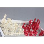 Bone Chess Set with stained red and white pieces