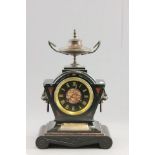 Victorian Slate and Marble Mantle Clock surmounted by a Bronze Urn and with two lion mask handles to