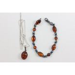 Silver Link Bracelet set with 10 Amber Stones plus Silver Pendant set with Amber Stone on Silver