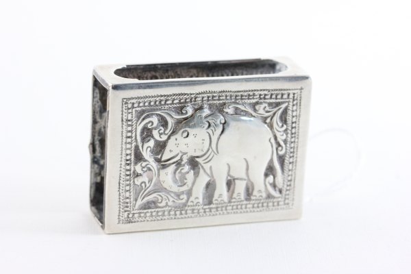 Indian Silver Match Box Holder with relief decoration depicting an Elephant