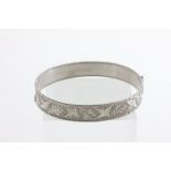 Silver Hallamarked Bangle with bright engraving of Birds & Foliage with gadrooned edge