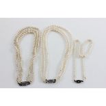 Triple Strand Pearl Necklace with Silver & Marcasite Clasp, another Three Strand Pearl Necklace with