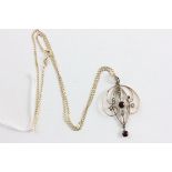 Art Nouveau 9ct Gold Pendant set with two garnets and seed pearls on 9ct Neck Chain