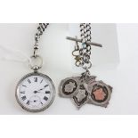 Silver Cased Pocket Watch, the white enamel face with seconds aperture together with a Silver Curb