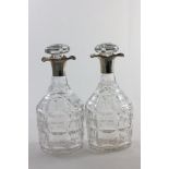 Pair of Glass Square Cut Decanters and Stoppers with Silver Triple Lobed Collar, London 1921, makers