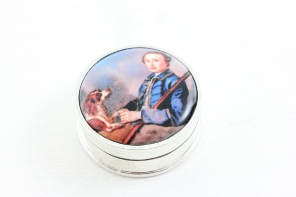 Silver Circular Pill Box, the lid depicting Georgian Gentleman with Dog