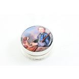 Silver Circular Pill Box, the lid depicting Georgian Gentleman with Dog