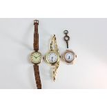 Three 9ct Gold Cased Ladies Watches, one with yellow metal expanding bracelet