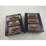 Two boxed HO Piko model railway 3-piece sets including 0723 with engine and two 4-wheel wagons and