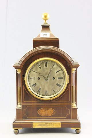 Late Victorian / Early Edwardian English Inlaid Mahogany Bracket Clock, domed top with silvered dial