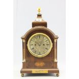 Late Victorian / Early Edwardian English Inlaid Mahogany Bracket Clock, domed top with silvered dial