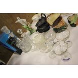 Boxed Dartington Crystal Decanter, 4 Babycham Glasses, Iridescent Glass Vase and Two Decanters