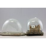 Cork Model of a Building under a Glass Dome on wooden stand plus another Glass Dome on stand