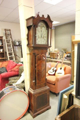 19th century Mahogany Inlaid Longcase Clock, the painted face decorated with exotic birds and B