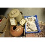 Stoneware Barrel with tap, Indian Clay Pot with Snakeskin, Tray of Seashells and Two Carriage