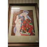 Framed Symbolist Oil Painting Portrait of Two Females in an Embrace
