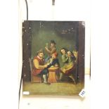 19th century Continental Oil on Panel of Tavern Scene with Figures playing cards