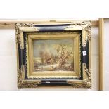 Contemporary Gilt Framed Oil on Panel of Cottage in wood with figures