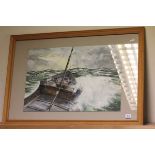 Large Acrylic Painting Boat in Stormy Water signed PVR Morris