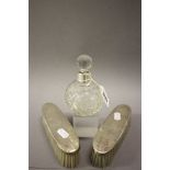 Silver Topped Glass Scent Bottle (Birmingham 1911) plus Pair of Silver Backed Dressing Brushes (