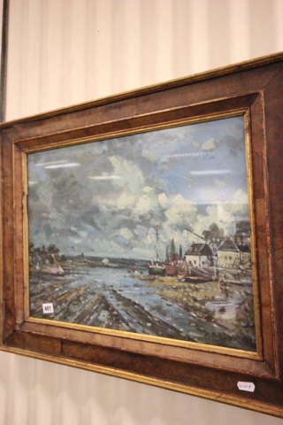 D Kessler, Framed Impressionist Oil Painting of Tranquil Estuary Scene with Old Fishing Village