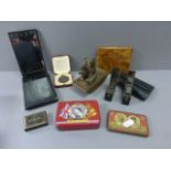 Group of Collectables including Black Forest Bear Blotter (a/f), Walnut Cigarette Case, Cadbury's