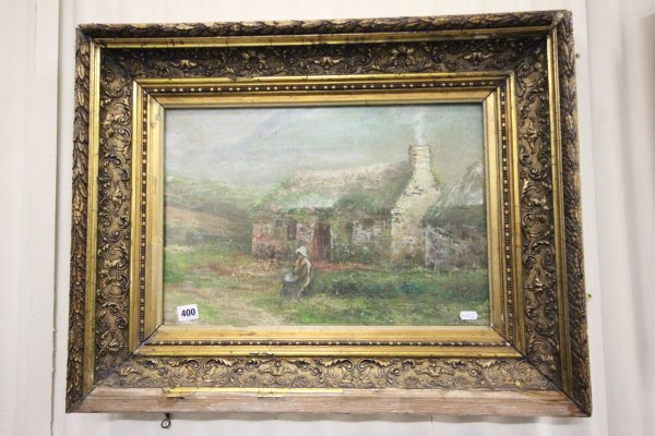 Ornate Gilt Framed Oil Painting Extensive Highland Scene with Cottages and Figure in foreground