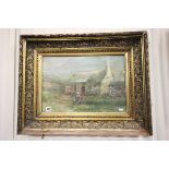 Ornate Gilt Framed Oil Painting Extensive Highland Scene with Cottages and Figure in foreground