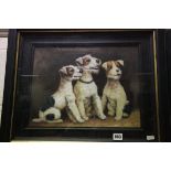 Ebonised Framed Oil Painting Portrait Study of Three Jack Russell Terriers