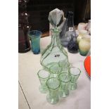 Art Deco Green Glass Decanter and Six Matching Shot Glasses