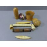 Ivory Potpourri Acorn, Bone Needle Case, Two Treen Needle Case, Acorn Thimble Holder, Thimble and