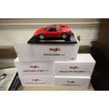 Five Boxed Maisto Cars including Ferrari 348TS, Lamborghini Diablo, Porsche 911, Mercedes Benz 500SL