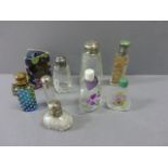 Collection of Glass Scent Bottles including four with silver tops, one with over painted blue