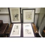 Three Framed Oriental Pictures plus a Silk Picture of Hound and Hunter