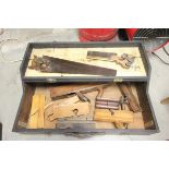 Vintage Wooden Tool Box with various Vintage Planes, Saws, etc