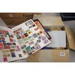 Box with stamp albums with world KW on and off paper plus postcards